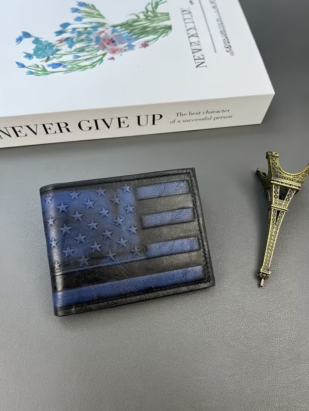 Brand New Men’s Black Leather Wallet - Slim RFID Blocking US Flag Design